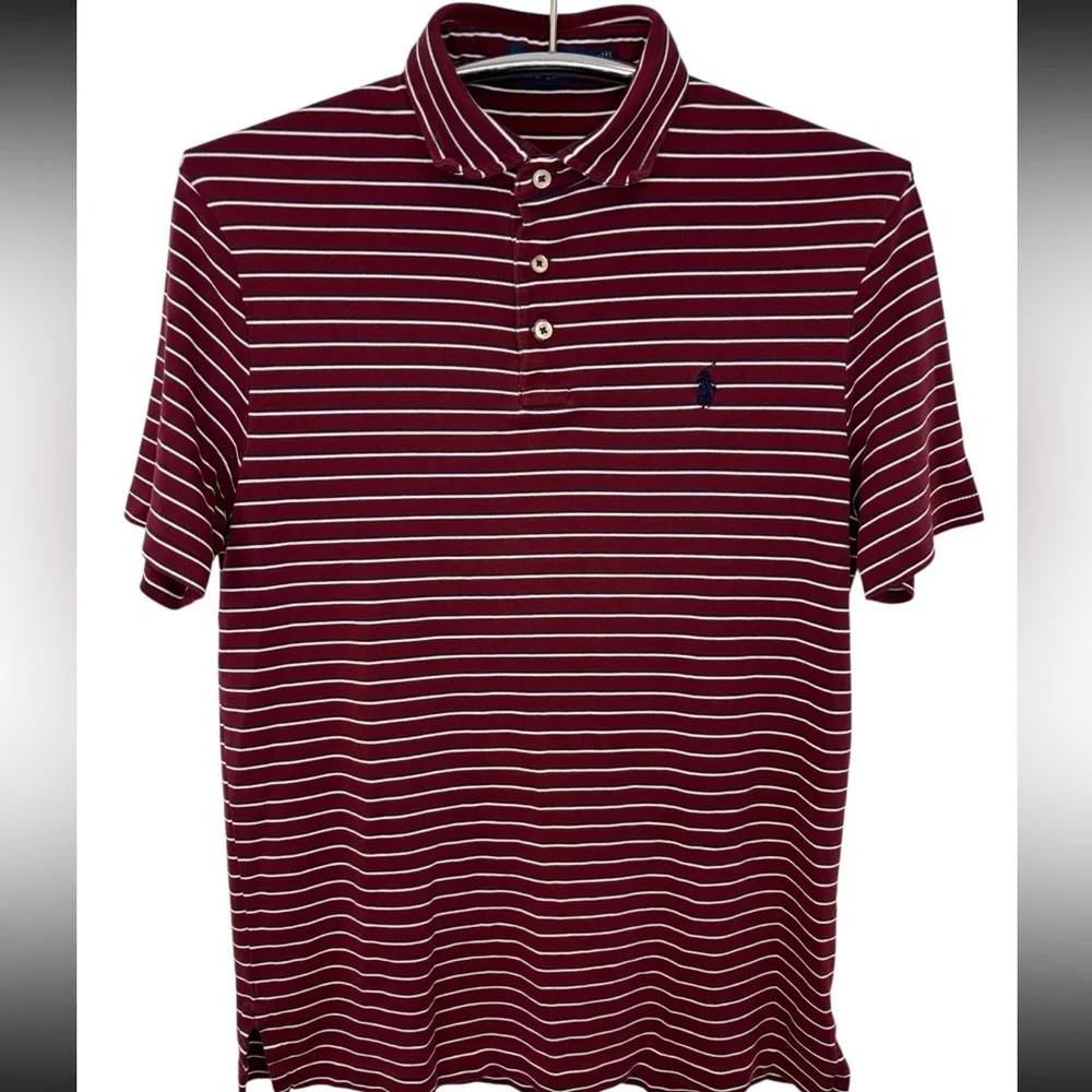 Ralph Lauren Maroon and White Striped Polo with Iconic Embroidered Logo